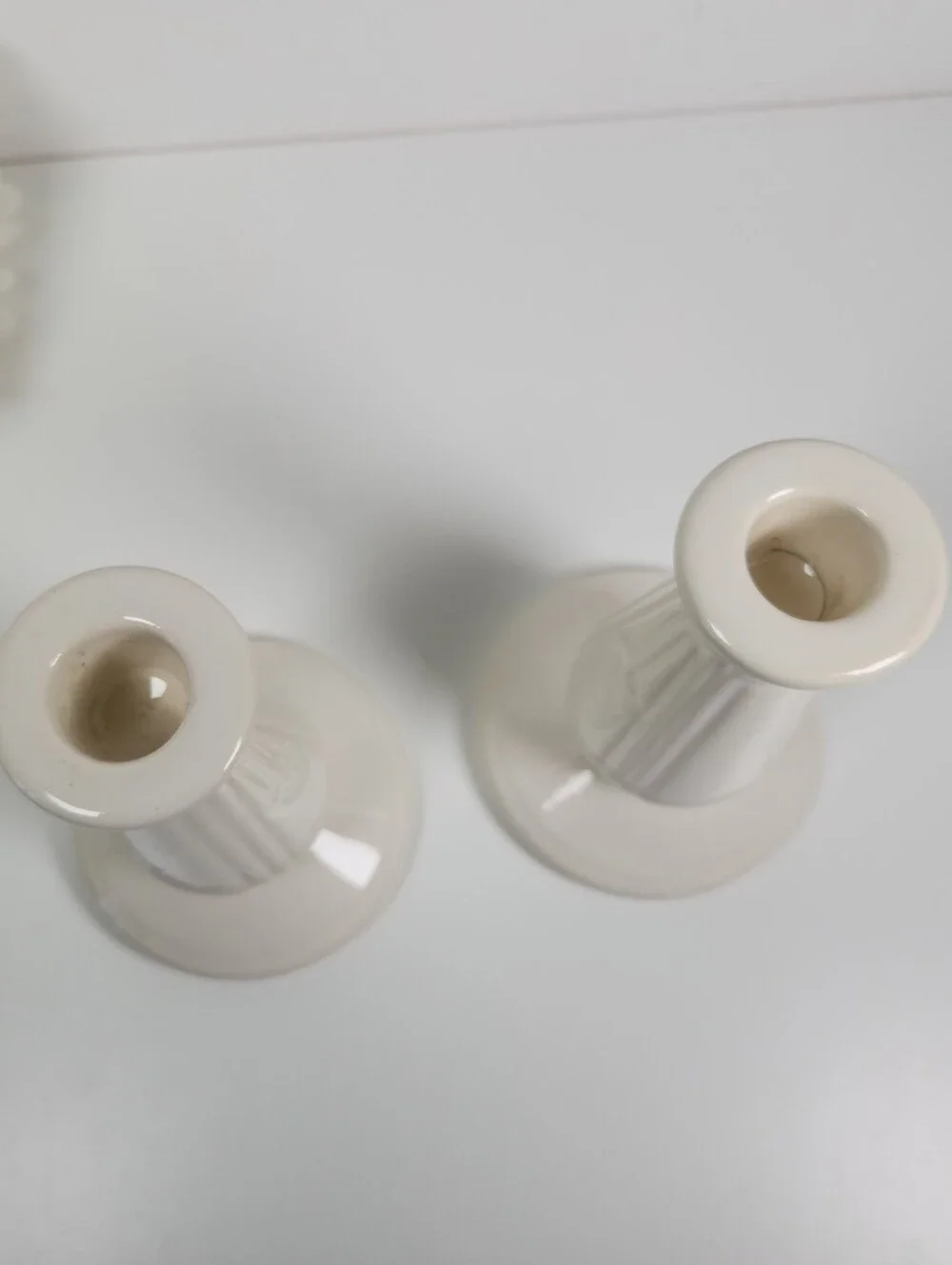 Vintage Pair of White Ceramic Pottery Candlestick Holders,  Art Deco Design